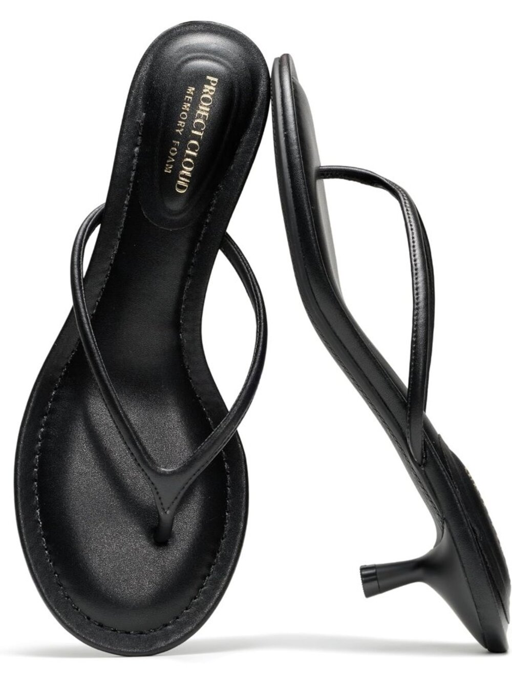 Women's Leather Kitten Heels Black Slip On Thong Heels Sandals Thong Heels